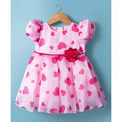 Babyhug 5 Layers Printed Premium Glass Nylon Fabric With Cotton Lining Half Sleeves Party Dress With Heart Print & Corsage - Light Pink