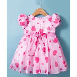 Babyhug 5 Layers Printed Premium Glass Nylon Fabric With Cotton Lining Half Sleeves Party Dress With Heart Print & Corsage - Light Pink