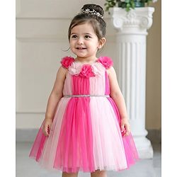 Babyhug 5 layer with Cotton Lining  Mesh Sleeveless Flared Partywear Dress With Floral Corsage and waist belt - Dark Pink