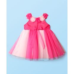 Babyhug 5 layer with Cotton Lining  Mesh Sleeveless Flared Partywear Dress With Floral Corsage and waist belt - Dark Pink