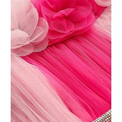 Babyhug 5 layer with Cotton Lining  Mesh Sleeveless Flared Partywear Dress With Floral Corsage and waist belt - Dark Pink