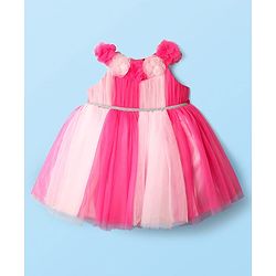 Babyhug 5 layer with Cotton Lining  Mesh Sleeveless Flared Partywear Dress With Floral Corsage and waist belt - Dark Pink