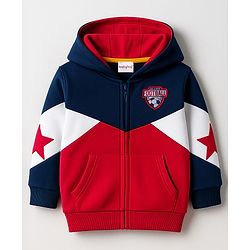 Babyhug Cotton Knit Full Sleeves Hooded Sweatjacket With Football Patch & Kangaroo Pockets - Navy Blue Red & White