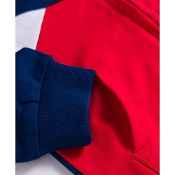 Babyhug Cotton Knit Full Sleeves Hooded Sweatjacket With Football Patch & Kangaroo Pockets - Navy Blue Red & White