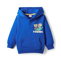 Babyhug Cotton Knit Full Sleeves Hooded Sweatshirt With Animal Graphics & Kangaroo Pockets - Blue