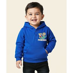 Babyhug Cotton Knit Full Sleeves Hooded Sweatshirt With Animal Graphics & Kangaroo Pockets - Blue