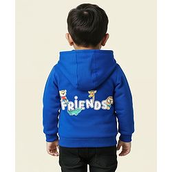 Babyhug Cotton Knit Full Sleeves Hooded Sweatshirt With Animal Graphics & Kangaroo Pockets - Blue