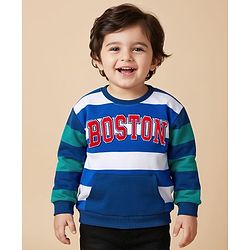 Babyhug Cotton Knit Full Sleeves Striped Sweatshirt with Text Embroidery & Kangaroo Pocket - Multicolor