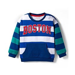 Babyhug Cotton Knit Full Sleeves Striped Sweatshirt with Text Embroidery & Kangaroo Pocket - Multicolor