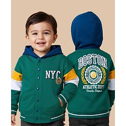 Babyhug Cotton Knit Full Sleeves Hooded SweatJacket with Kangaroo Pocket Front & Back Text Graphic - Green