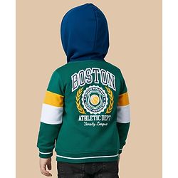 Babyhug Cotton Knit Full Sleeves Hooded SweatJacket with Kangaroo Pocket Front & Back Text Graphic - Green