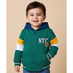 Babyhug Cotton Knit Full Sleeves Hooded SweatJacket with Kangaroo Pocket Front & Back Text Graphic - Green