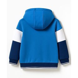 Babyhug Cotton Knit Full Sleeves Front Open Hooded Sweatshirt with California Text Print - Navy Blue & Blue
