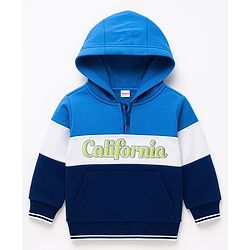 Babyhug Cotton Knit Full Sleeves Front Open Hooded Sweatshirt with California Text Print - Navy Blue & Blue