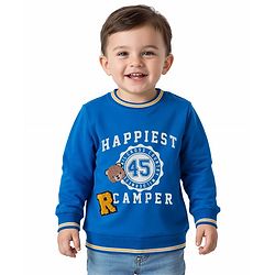 Babyhug Cotton Knit Full Sleeves Sweatshirt With Text Print & Teddy Bear Patch - Blue