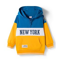 Babyhug Cotton Knit Full Sleeves Cut & Sew Hooded Sweatshirt with Text Graphic & Kangaroo Pocket - Yellow & Blue