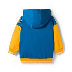Babyhug Cotton Knit Full Sleeves Cut & Sew Hooded Sweatshirt with Text Graphic & Kangaroo Pocket - Yellow & Blue