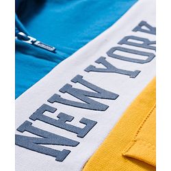 Babyhug Cotton Knit Full Sleeves Cut & Sew Hooded Sweatshirt with Text Graphic & Kangaroo Pocket - Yellow & Blue