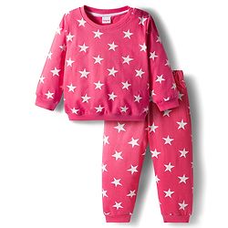 Babyhug Cotton Knit Full Sleeves Co-ords Nigth Suit with Star Print - Pink