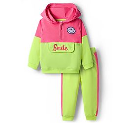 Babyhug Terry Knit Premium Light Gauge Terry Full Length Hooded T-Shirt and Joggers with Smiley Print - Neon Green & Pink