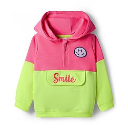 Babyhug Terry Knit Premium Light Gauge Terry Full Length Hooded T-Shirt and Joggers with Smiley Print - Neon Green & Pink