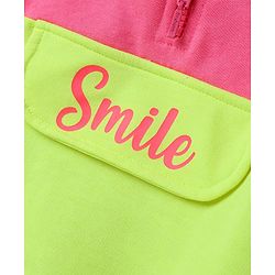 Babyhug Terry Knit Premium Light Gauge Terry Full Length Hooded T-Shirt and Joggers with Smiley Print - Neon Green & Pink