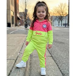 Babyhug Terry Knit Premium Light Gauge Terry Full Length Hooded T-Shirt and Joggers with Smiley Print - Neon Green & Pink