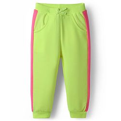 Babyhug Terry Knit Premium Light Gauge Terry Full Length Hooded T-Shirt and Joggers with Smiley Print - Neon Green & Pink