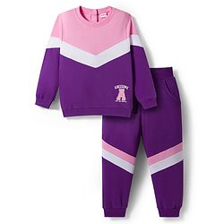 Babyhug Knit Premium Light Gauge Terry Full Sleeves  Top and Joggers Set With Cut & Sew Detailing & Awesome Text Print - Purple & Pink
