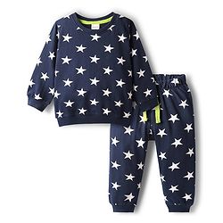 Babyhug Cotton Knit Full Sleeves Co-ords Night Suit With Star Print - Navy Blue