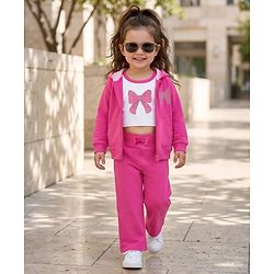 Babyhug 100% Cotton Terry Knit Full Sleeves Sweatshirt Jacket Inner Top & Pant Set with Bow Applique - Pink & White