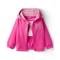 Babyhug 100% Cotton Terry Knit Full Sleeves Sweatshirt Jacket Inner Top & Pant Set with Bow Applique - Pink & White