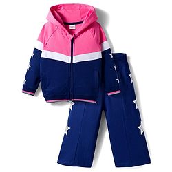 Babyhug Knit Premium Light Gauge Terry Full Sleeves Hooded Sweatjacket & Lounge Pant Set With Star Print - Pink & Navy Blue