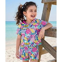 Babyhug Terry Knit Half Sleeves Co-ords Hooded Sweatshirt & Shorts Set with Tropical Theme Print - Multicolor
