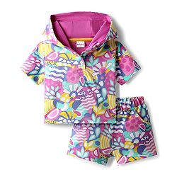 Babyhug Terry Knit Half Sleeves Co-ords Hooded Sweatshirt & Shorts Set with Tropical Theme Print - Multicolor