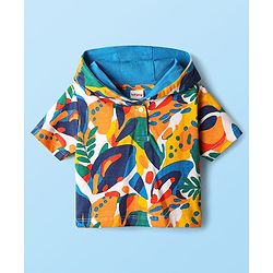 Babyhug Terry Knit Half Sleeves Co-ords Hooded Sweatshirt & Shorts Set with Tropical Theme Print - Multicolor