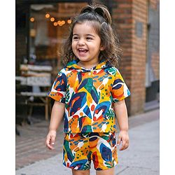 Babyhug Terry Knit Half Sleeves Co-ords Hooded Sweatshirt & Shorts Set with Tropical Theme Print - Multicolor