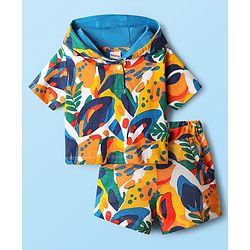 Babyhug Terry Knit Half Sleeves Co-ords Hooded Sweatshirt & Shorts Set with Tropical Theme Print - Multicolor