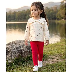 Babyhug Crinkled Crepe 100% Cotton Knit Full Sleeves Top & Leggings Set with Heart Print - Offwhite & Red