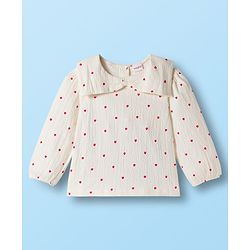 Babyhug Crinkled Crepe 100% Cotton Knit Full Sleeves Top & Leggings Set with Heart Print - Offwhite & Red