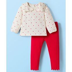 Babyhug Crinkled Crepe 100% Cotton Knit Full Sleeves Top & Leggings Set with Heart Print - Offwhite & Red