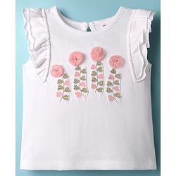 Babyhug Single Jersey Knit Frill Sleeves Top & Skirt Set with Floral Applique & Heart Embroidery - Pink & White
