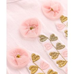 Babyhug Single Jersey Knit Frill Sleeves Top & Skirt Set with Floral Applique & Heart Embroidery - Pink & White