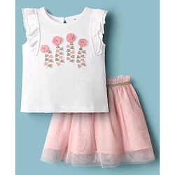 Babyhug Single Jersey Knit Frill Sleeves Top & Skirt Set with Floral Applique & Heart Embroidery - Pink & White
