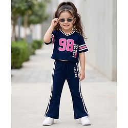 Babyhug 100% Cotton Terry Knit Half Sleeves Top & Track Pants Set with 98 Text Print - Navy Blue