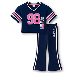 Babyhug 100% Cotton Terry Knit Half Sleeves Top & Track Pants Set with 98 Text Print - Navy Blue