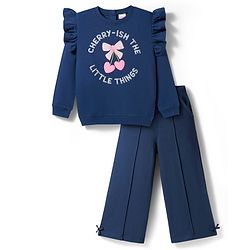 Babyhug Terry Knit Premium Light Gauge Terry Full Sleeves Top & Trouser Set with Cherrish The Little Things Text Print & Bow Applique - Navy Blue