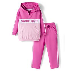 Babyhug Terry Knit Premium Light Gauge Terry Full Sleeves Hooded Top and Lounge Pant Set with Kangaroo Pockets & Fabulous Text Print - Pink