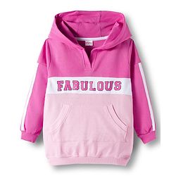 Babyhug Terry Knit Premium Light Gauge Terry Full Sleeves Hooded Top and Lounge Pant Set with Kangaroo Pockets & Fabulous Text Print - Pink