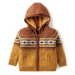 Babyhug Knitted Full Sleeves Hooded Front Open Sweater With Aztec Design - Mustard
